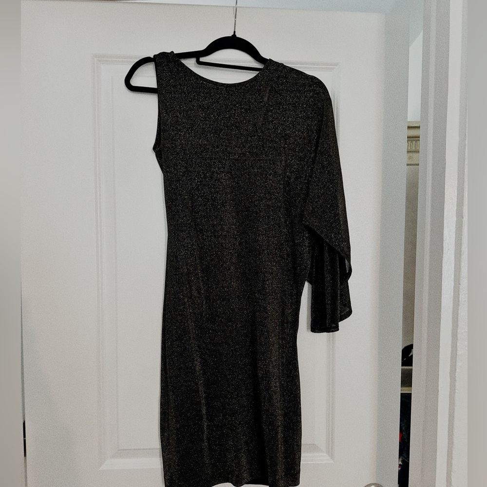 Ted Baker Black and Gold Shimmer One Shoulder Dress